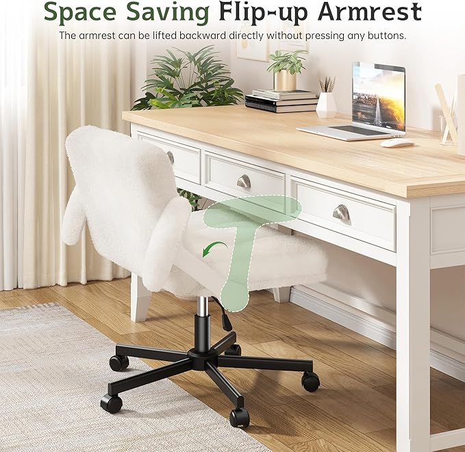 Criss Cross Chair with Wheels, Office Chair with Flip-up Armrests, Vanity Chair for Bedroom, Home Office, Apartment, Plush Fabric, White