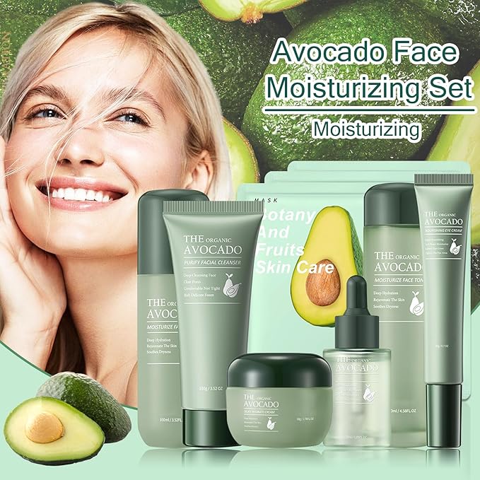 Avocado Face Skincare Set,9 Pcs Avocado Skin Care Set with Face Masks,Face Wash,Lotion,Toner,Face Serum,Face Moisturizer Cream,Eye Cream,Moisturizing Avocado Skin Care Kit