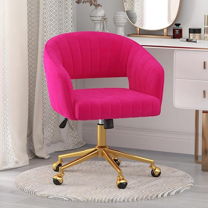 Home Office Chair Swivel Velvet Desk Chair Accent Armchair Upholstered Modern Tufted Chairs with Gold Base for Girls Women Ergonomic Study Seat Computer Task Stools for Living Room(Hot Pink)
