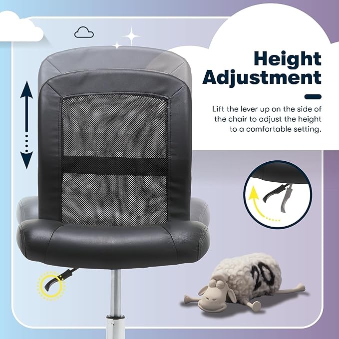 Serta Essential Armless TaskChair, Small Desk Chairs with Wheels, Breathable Mesh Back and Faux Leather, Quality Foam Cushion Seat for Comfort, Minimal Design for Vanity Table, Black