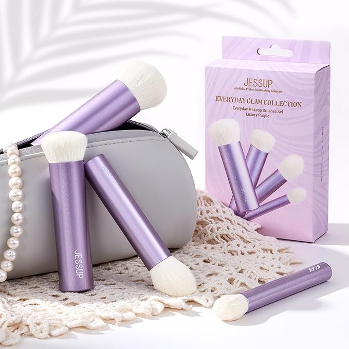 Jessup 4pcs Essential Face Brush Set, Kabuki Brushes for Foundation Contour Blush & Highlighter, Ultra-Soft Synthetic Fiber, Cruelty-Free, Perfect for Clean Girl Look, Luxury Purple T517