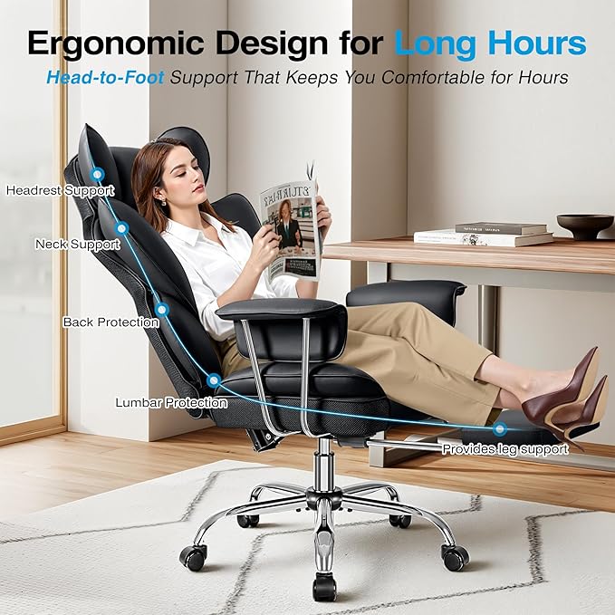 Big and Tall Ergonomic Office Chair with Footrest, High Back Executive Leather Office Chair, Reclining Computer Desk Chair, Comfy Heavy Duty Home Gaming Chair with Padded Arm, Black-2 Pack