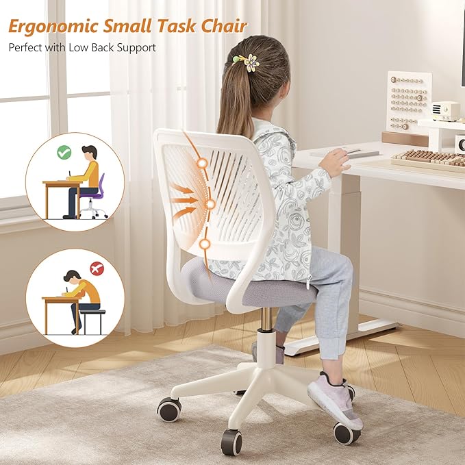 Small Desk Chair Armless Task Chair with Soft Padded Cushion Height Adjustable Swivel Rolling Comfortable Study Computer Chair for Kids Girls Boys Teens