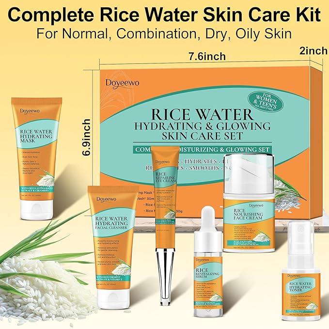 Skin Care Set,6Pcs Women Teen Glass Skincare w/Korean Rice Extract,Hydrate Glow Repair Anti-Aging Facial Routine Kit Self Care Gifts for Women Mom Wife Teenage Girl Her Valentines Day Christmas Gifts