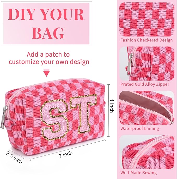 SOIDRAM Checkered Makeup Bag Preppy Cosmetic Bag Bulk Pink Makeup Pouch Personalize Travel Toiletry Bag Organizer Cute DIY Makeup Brushes Storage Bag for Women