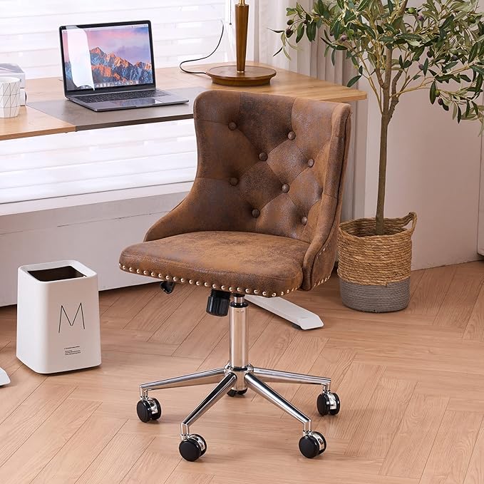 VINGLI Rustic Microfiber Armless Home Office Desk Chair with Silver Base/Wheels, Small Cute Vanity/Makeup Chair with Back for Bedroom, Upholstered Adjustable Rolling Swivel Nail Chair for Women/Girls