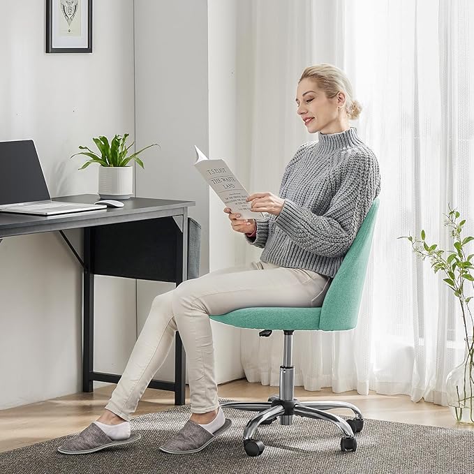Sweetcrispy Armless Vanity Chair, Cute Comfy Home Office Desk Chair with Wheels, Modern Upholstered Task Computer Seat for Bedroom, Study, Makeup Vanity, Height Adjustable & Swivel, Mint