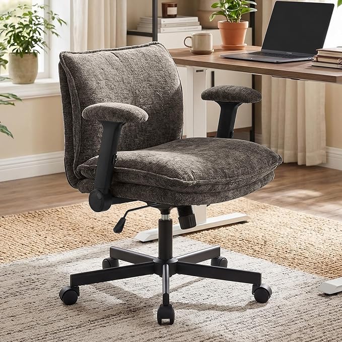 Cross Legged Office Chair, Height Adjustable Swivel Desk Chair with Flip-Up Arms, Padded Criss Cross Chair for Home Office & Bedroom