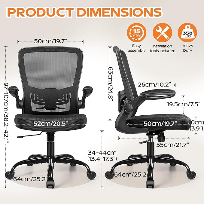 Ergonomic Office Chair 2026 - Mesh Desk Chair with Flip-up Armrests, Adjustable Height and Lumbar, 360° Swivel Comfortable Computer Chairs for Home, Conference Room, Reception, 350lbs, 4 Pack
