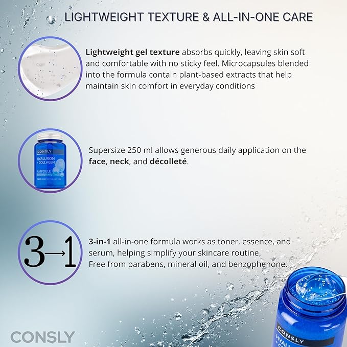Hyaluronic Acid & Collagen All-in-One Ampoule – Hydrating Gel Serum, 3-in-1 Toner Essence Serum, Lightweight Moisturizing Facial Serum for Face & Neck, Supersize 250 ml / 8.45 fl oz