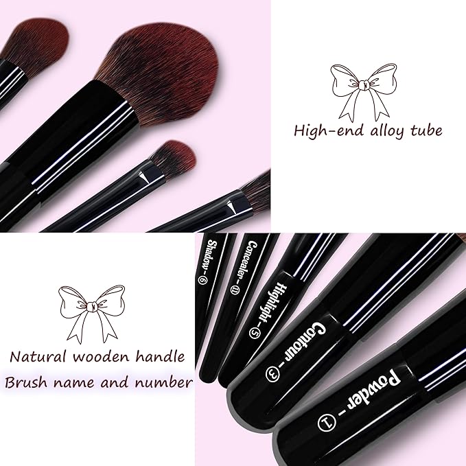 Jilier 14 pcs Mini Makeup Brushes and Pocket Mirror, Travel Makeup Brush Set, LED Compact Mirror with Light, Travel Size with Case, Portable for Handbag, Travel Essentials for Women