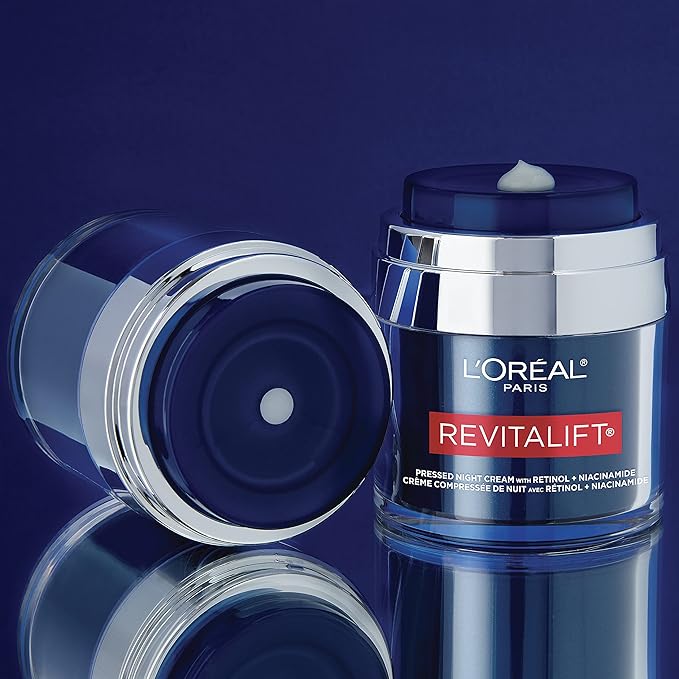 L'Oreal Paris Revitalift Pressed Night Cream,Retinol + Niacinamide,Reduces Wrinkles,Fragrance Free,1.7 oz + Serum Sample,(Pack of 2)