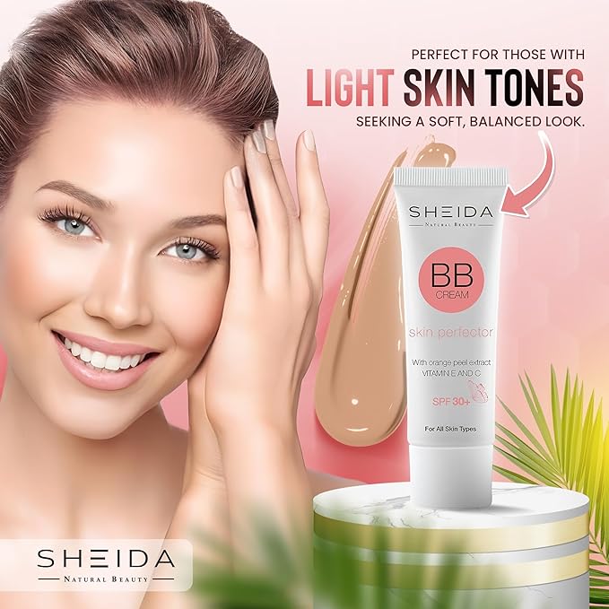 Sheida BB Cream with SPF 30+, Hydrating Daily Tinted Day Cream, Natural Finish, Buildable Light Coverage, 24h Moisture, Vitamin C & E for Even Skin Tone and Radiant Look – 50 ml (Light)