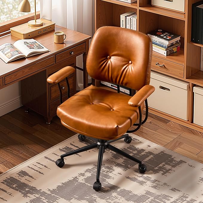 HOOOWOOO Ergonomic Office Chair,Mid Century Modern Computer Desk Chair,Comfy Executive Chair with Extra Wide Tufted Cloudy Seat Lumbar Support Rocking Back,PU Leather Light Brown