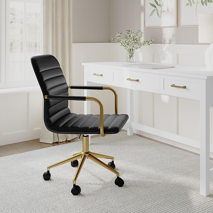 Martha Stewart Taytum Swivel Task Chair with Armrests for Home Office in Black Faux Leather with Polished Brass Frame