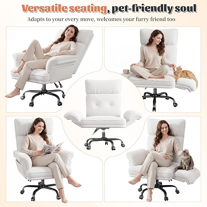 Criss Cross Chair with Armrests & Wheels for Cross-Legged Sitting，Ergonomic Computer Gaming Chair with Two Side Pockets，Teddy Plush Wide Seat Reclining Desk Chair for Home,Office,Beige