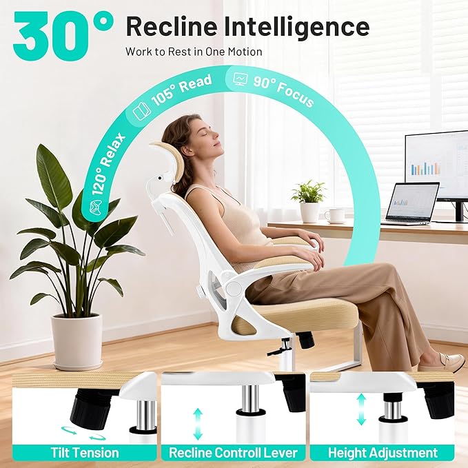 AreShark Office Chair - Ergonomic Desk Chair Breathable Mesh Chair with 2D Headrest & Adjustable Lumbar Support - Executive High Back Rolling Swivel Computer Gaming Chair with Wheels Flip-up Armrests