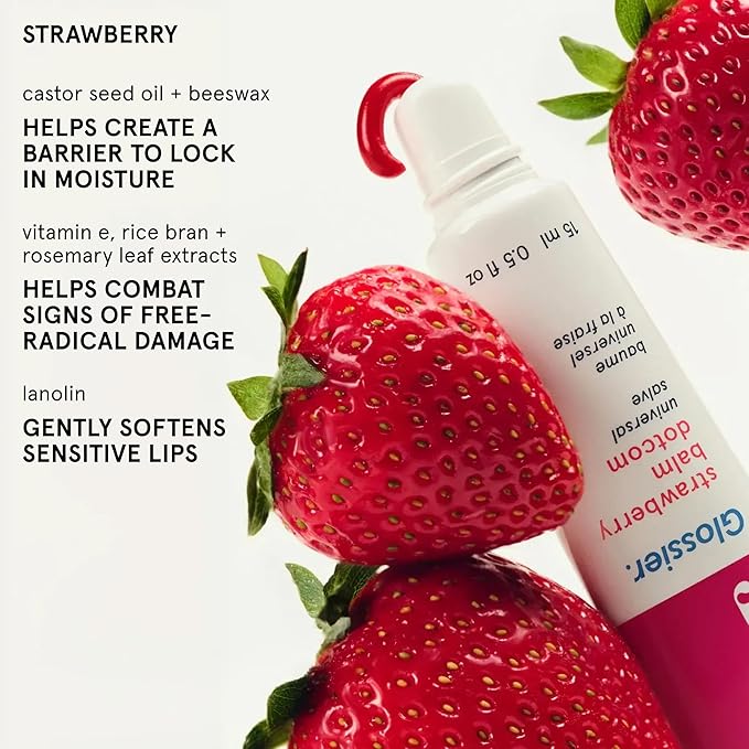 Glossier Balm Dotcom Hydrating Tinted Lip Balm - Universal Salve, Up to 12 Hour Moisture for Dry Lips, Cuticles & Skin - Lanolin, Beeswax & Castor Oil - Strawberry, Jammy Pink Tint, 15ml