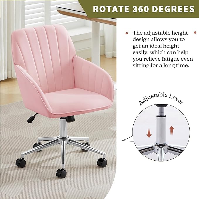 Velvet Home Office Desk Chair, Modern Cute Computer Task Chair with Back, Height Adjustable Upholstered Vanity Chair with Swivel Wheels for Women, Girls (Silver Base, Pink