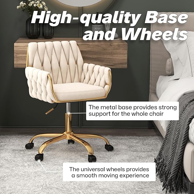 Woven 360°Swivel Desk Chair, Velvet Height Adjustable Home Office Armchair with Golden Base for Teens Women Girls, Upholstery Computer Chair for Home Studios and Office, Woven & Beige