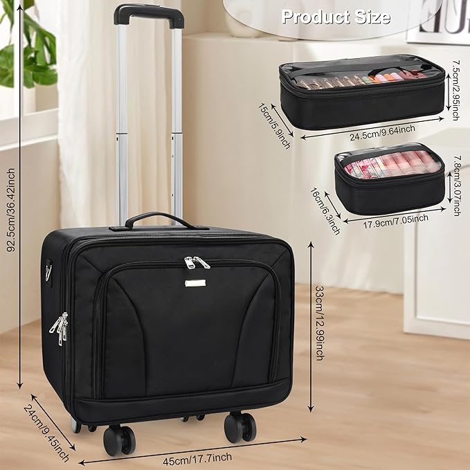 Relavel Cosmetology Case on Wheels, Extra Large Rolling Makeup Travel Train Case with 360° Spinner Wheels, 3 Layer with Insulation Compartment & 4 Clear Bags, Professional Makeup Artist Bag Set, Black