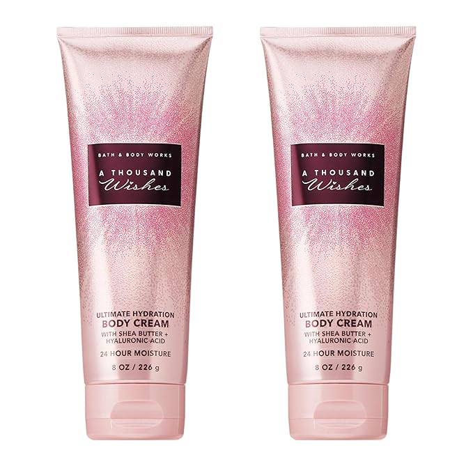 Bath & Body Works A Thousand Wishes Body Cream, Ultimate Hydration Moisturizer with Shea Butter & Hyaluronic Acid for Dry Skin, Prosecco and Peony Scent, 8 oz - 2 Pack