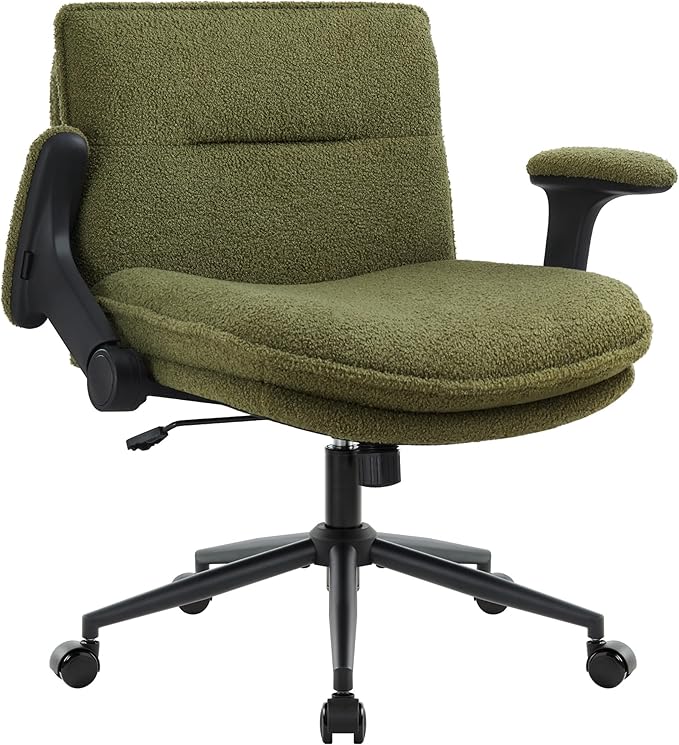 Criss Cross Legged Office Chair with Wheels and Flip-Up Arms, Ergonomic Wide Seat Desk Chair with Thick Padded, Height Adjustable Criss Cross Chairs for Home Office, Bedroom,Apartment,Vanity,Green