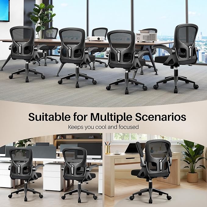 Office Chair Ergonomic Desk Chair, Adjustable Lumbar Support Rolling Swivel Comfy Chair with Space-Saving Flip Up Armrests,Mesh Gaming Chair for Business Work Office & Home, Black 6pcs