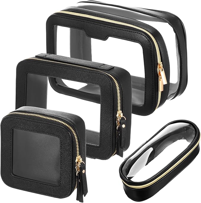 4 Pcs Leather Clear Makeup Bags Set for Women Travel Clear Cosmetic Case Toiletry Bags with Zipper Makeup Brush Case Waterproof Organizer Storage for Women Men Travel Accessories, 4 Sizes(Black)