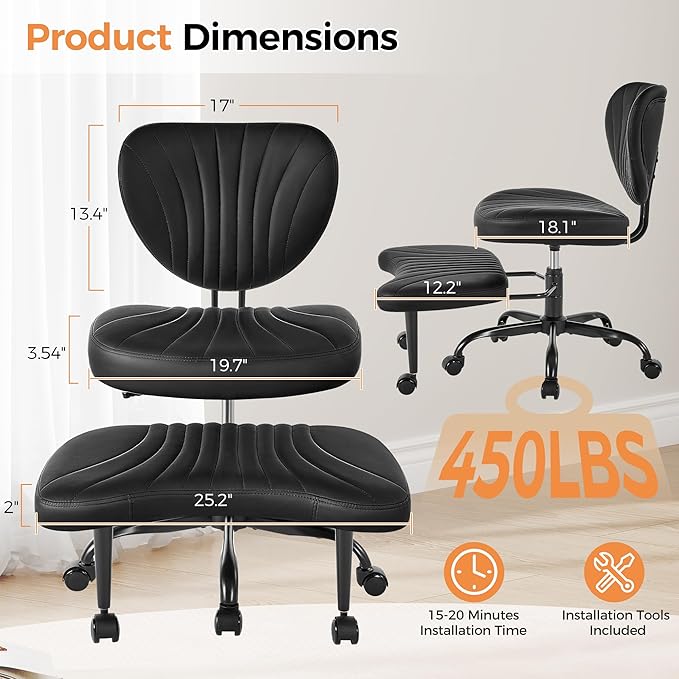 Cross Legged Office Chair, Ergonomic Criss Cross Chair with Wheels, 360° Swivel Height-Adjustable Meditation Chair for Yoga & ADHD, Wide Kneeling Chair with Strong Lumbar Support (Black) BPY01B