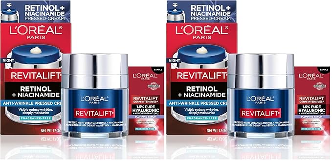 L'Oreal Paris Revitalift Pressed Night Cream,Retinol + Niacinamide,Reduces Wrinkles,Fragrance Free,1.7 oz + Serum Sample,(Pack of 2)