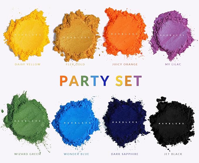 MARBLERS Lip Safe Mica Powder Colorant Set [Party 8 Color Set] | Cosmetic | Epoxy Resin Pigment | Dye | Non-Toxic, Vegan, Cruelty-Free | Lip Gloss, Nails, Body Butter, Bath Bomb, Candle & Soap Making