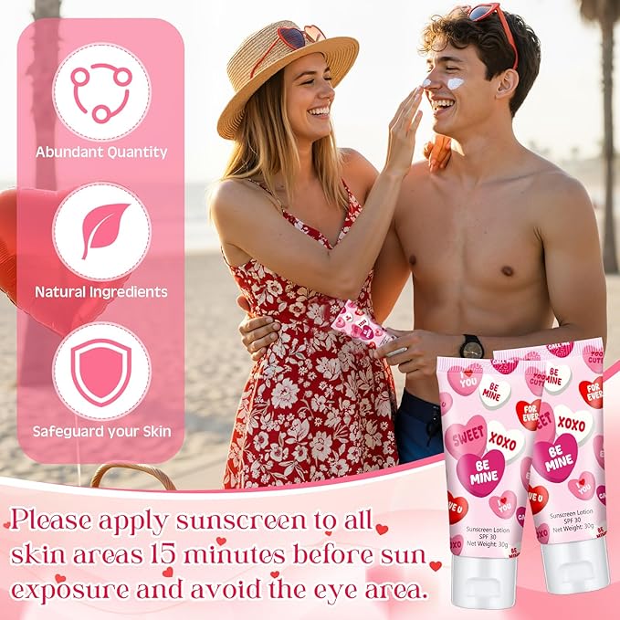 12 Pcs Mini Sunscreen Bulk for Summer Travel Size Spf 30 Water Resistant Sunscreen Lotion Bulk for Thank You Gifts Hawaiian Wedding Bridal Party Favors for Pool Wedding(Valentine)