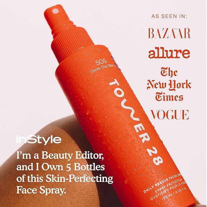 Tower 28 SOS Daily Rescue Facial Spray - Hypochlorous Acid Spray to Help Reduce Redness, Calm Irritation + Alleviate Flare-Ups - Purifying Face Toner Duo - Full + Travel Size Skin Care (2 Count)
