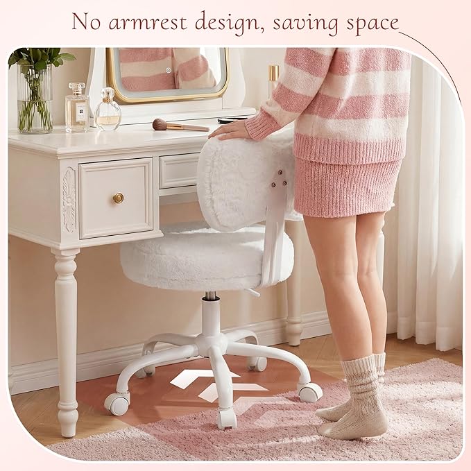 Vanity Chair with Back, Swivel Chair with Wheels & Adjustable Height, Fluffy Faux Rabbit Fur Comfy Desk Chair for Vanity, Make-up Room, Bedroom, Dorm, Cute Bow Backrest, White
