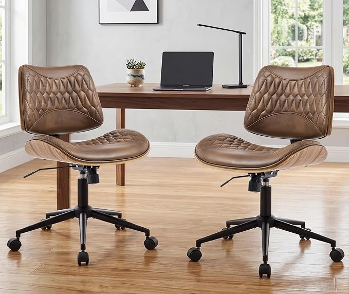 Walnut Bentwood Mid Back Armless Office Chair 2 Pack, Adjustable Height PU Leather Swivel Desk Chair with Wheels, Rolling Computer Task Chair for Home Office, Study, Meeting Room