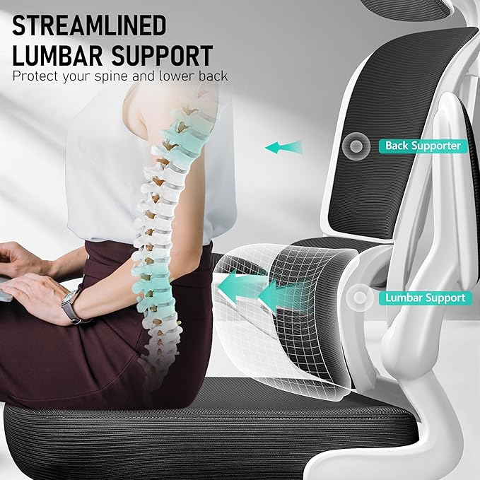 High Back Ergonomic Office Chair, Breathable Mesh Desk Chair with Lumbar Support, Adjustable Headrest, Flip-up Armrests, Computer Gaming Chair, (White, 1Pack)