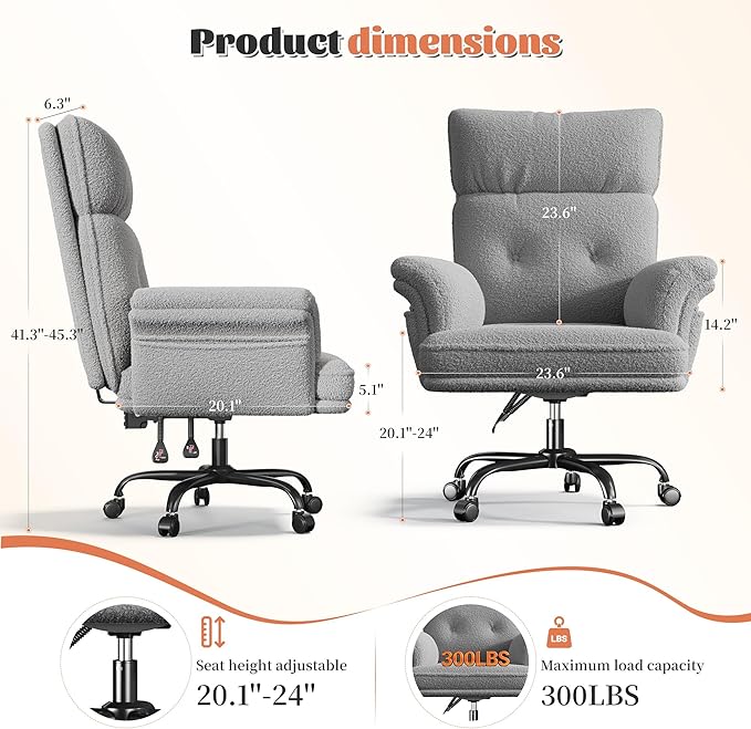 Office Chair with Wheels & Side Pockets,Flip Armrests for Pets & Cross Legged Sitting,Ergonomic Adjustable Vanity Chair –Teddy Plush Office Desk Chair for Home, Makeup and Bedroom,Grey