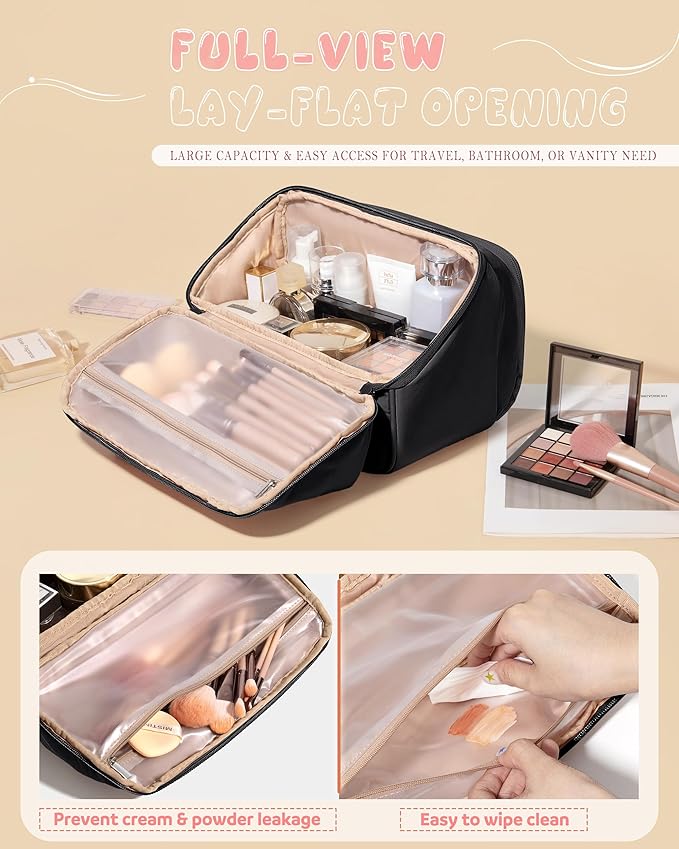 Travel Makeup Bag for Women, Toiletry Organizer with Waterproof Pockets, Puffy Cosmetics Pouch for Makeup Brushes, Skincare & Travel Essentials, Black (Bag only)