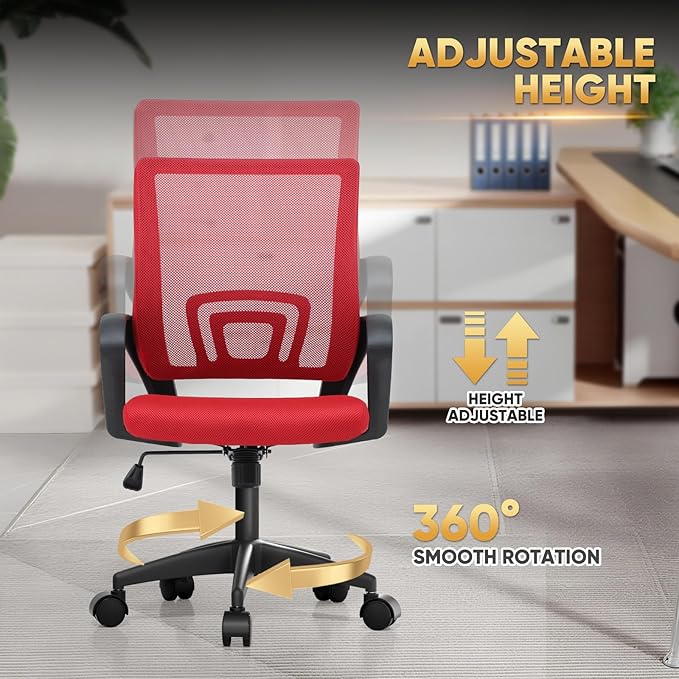Magshion Ergonomic Office Desk Chair, Mid-Back Mesh Computer Chair, Swivel Chair with Breathable Backrest & Lumbar Support, Adjustable Height for Gaming, Work, Study, 300 Lbs Capacity, Red