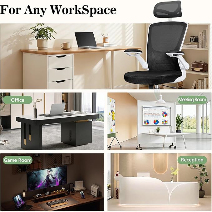 Office Chair Ergonomic Desk Chair, Breathable Mesh Office Chairs with Adjustable Lumbar Support, Flip-Up Arms, Computer Desk Chair Comfy for Home Office, White