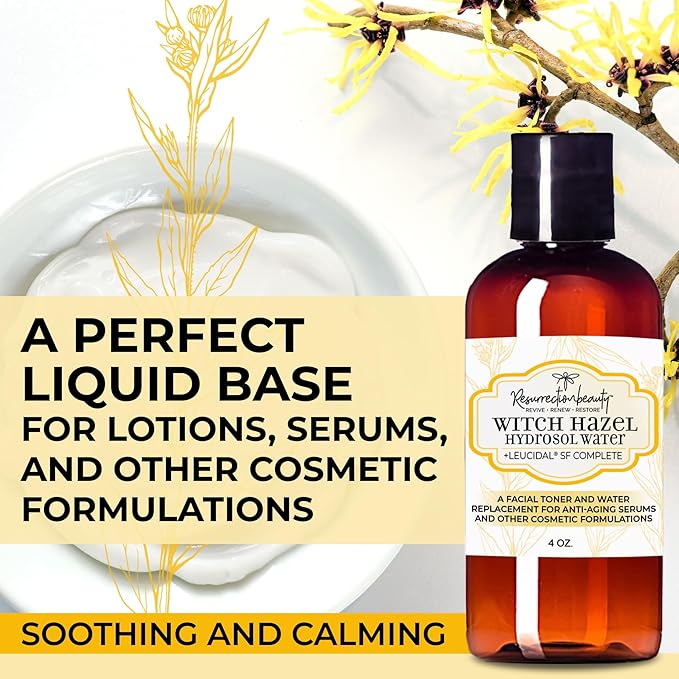 RESURRECTIONbeauty Witch Hazel Hydrosol with Leucidal® SF Complete | Alcohol Free Facial Toner & Witch Hazel Distillate Base Ingredient for Clay Masks & DIY Hyaluronic Acid Serum, 4oz
