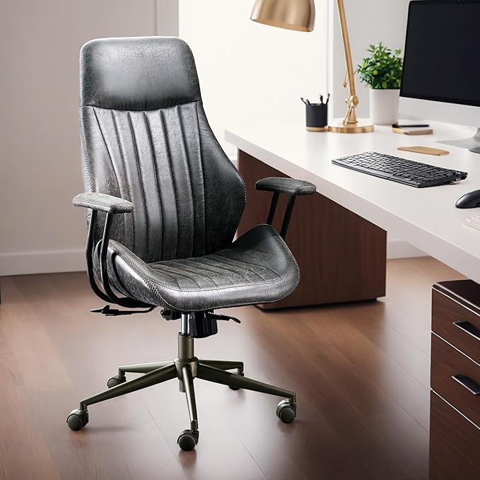 HOOOWOOO Faux Suede Leather Home Office Desk Chair,MCM Modern Ergonomic Task Work Chair,Computer Gaming Chair with Cushion Seat Lumbar Support Reclining High Back for Long Hours(Charcoal Grey)