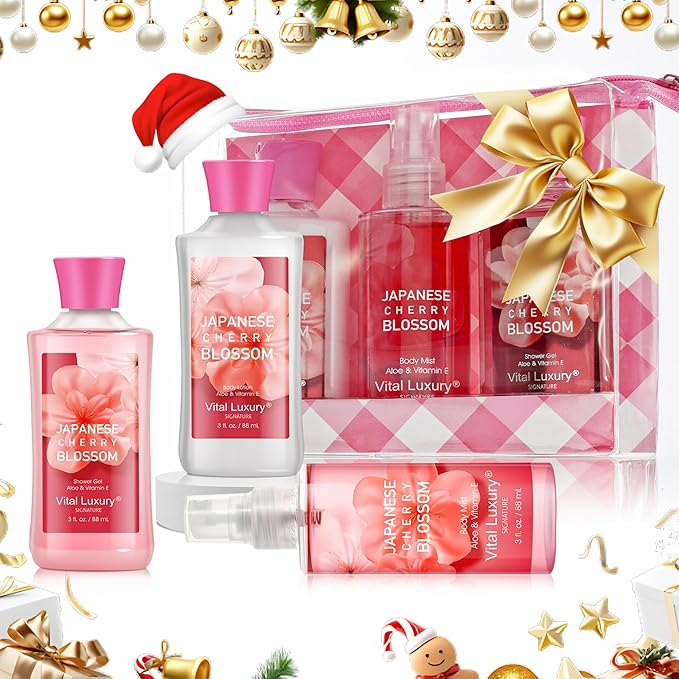 Bath and Body Gift Set – Japanese Cherry Blossom, Travel-Size Spa Kit with Gel, Lotion, Mist & Natural Extracts, Ideal for Birthday, Mother's Day & Christmas Gifts