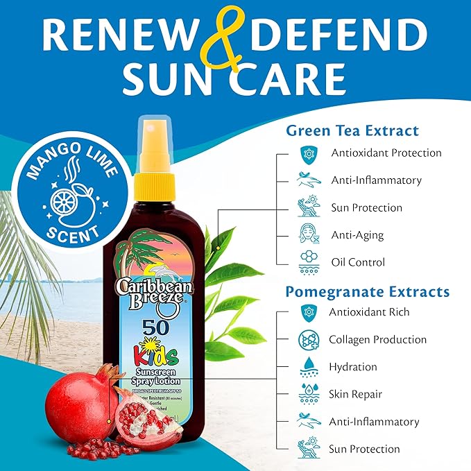 Caribbean Breeze Kids Sunscreen Spray SPF 50, Lotion Sunblock Spray, Sunscreen for Kids & Toddlers, with Green Tea & Pomegranate Extracts, Non-Aerosol Pump for Face & Body, Water Resistant, 8.5 oz
