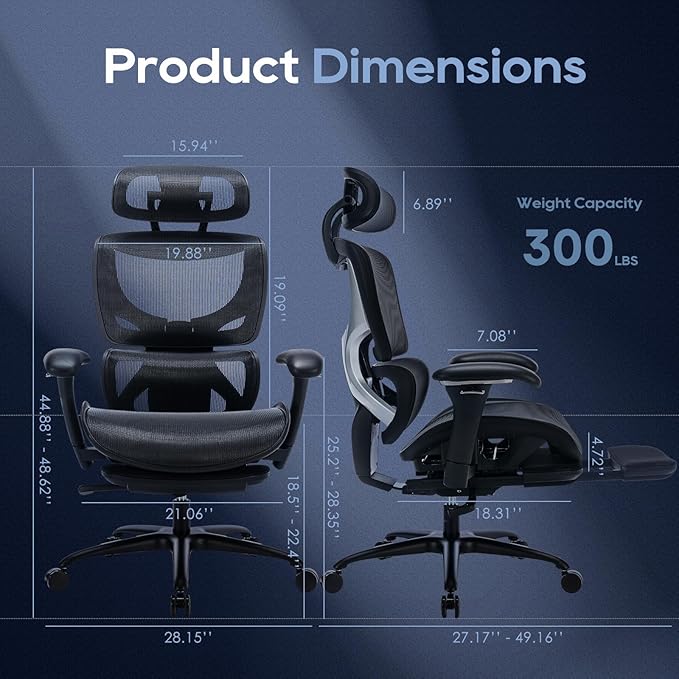 COLAMY Ergonomic Mesh Office Chair with Footrest, Executive High Back Computer Desk Chair with Wide Headrest and Adjustable 3D Arms, Fixed Tilt Lock and Lumbar Support (Black)