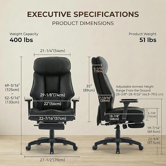 Big and Tall Office Chair 500lbs - 22.4" Extra Wide Seat Ergonomic Executive Chair, Heavy Duty High Back Leather Office Chair with Footrest, Lumbar Support & Adjustable Arm (All Black)