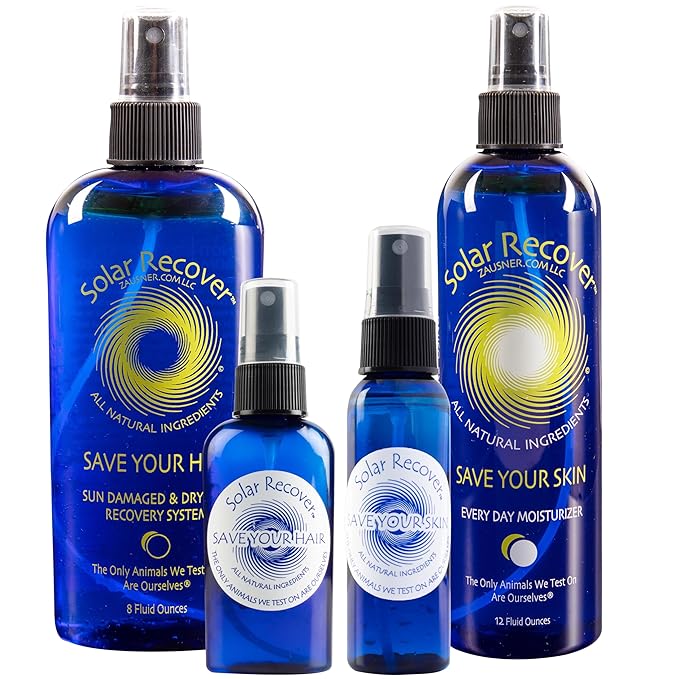 Solar Recover After Sun Moisturizing Spray & Hair Detangler Travel Size 4 Pack Combo - 12oz + 2oz Hydrating Facial & Body Mist for Sunburn Relief, 8 oz + 2oz All Natural Leave-In Conditioner Hair Care
