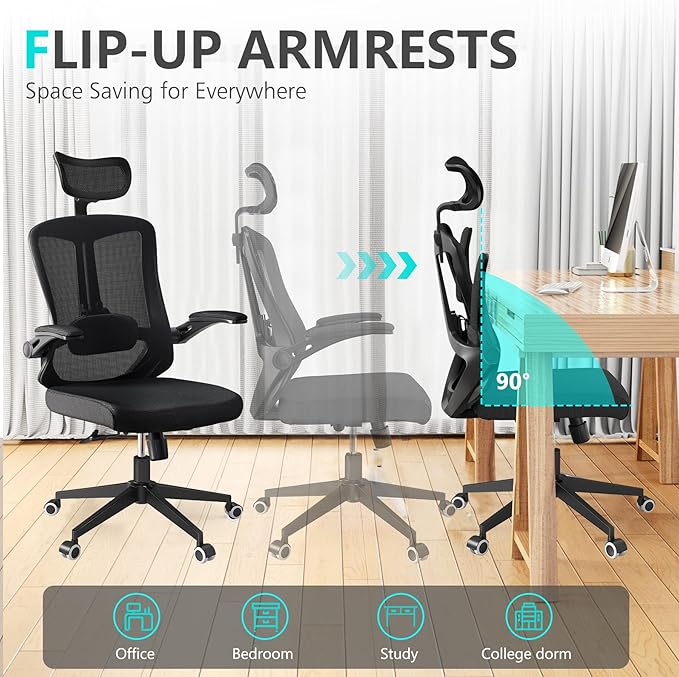 Office Chair Desk Chair, Ergonomic Mesh Computer Chair with 90-130° Recline & 360° Smooth-Rolling Casters, Adjustable Lumbar Support Task Chair, Comfortable for Women, Teens(A-All Black)