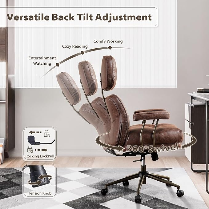 HOOOWOOO Ergonomic Office Chair,Mid Century Modern Computer Desk Chair,Comfy Executive Chair with Extra Wide Tufted Cloudy Seat Lumbar Support High Reclining Back,Suede Leather Dark Brown
